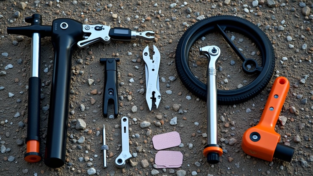 Collection of bicycle repair tools including multi-tool, tire levers, spare tube, and chain links organized in cycling bag