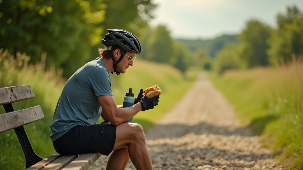 Cyclist taking break at historic rail corridor shelter, eating sandwich from backpack, scenic countryside background