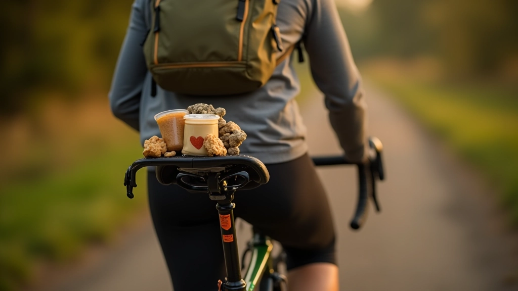 Cyclist's backpack with water bottle, banana, and sandwich displayed on gravel bike seat