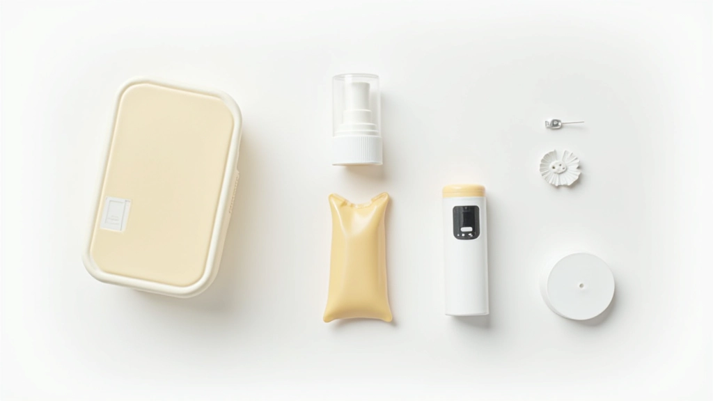 First aid kit and personal safety items including sunscreen, insect repellent, and blister treatment on white background
