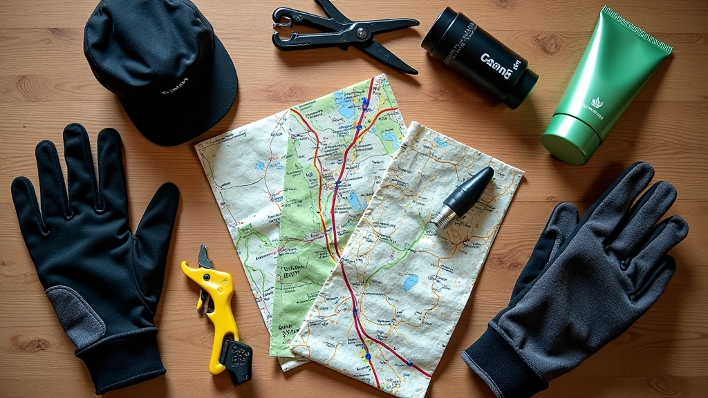 Flat lay arrangement of cycling essentials including tools, spare tube, first aid kit, and repair items