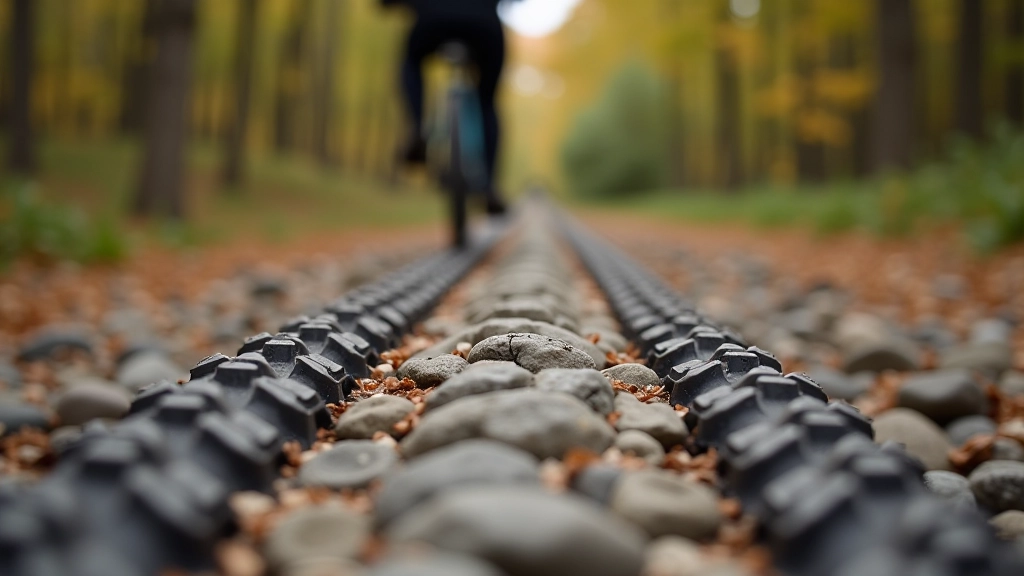 Close-up of gravel bike tires on rocky trail surface with grass and earth texture
