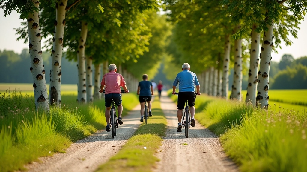 Cyclists riding on gravel path through rural landscape