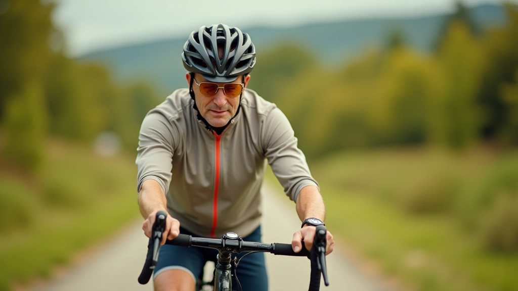 Professional cyclist in bright clothing checking bicycle components before ride, wearing helmet, clear daylight conditions