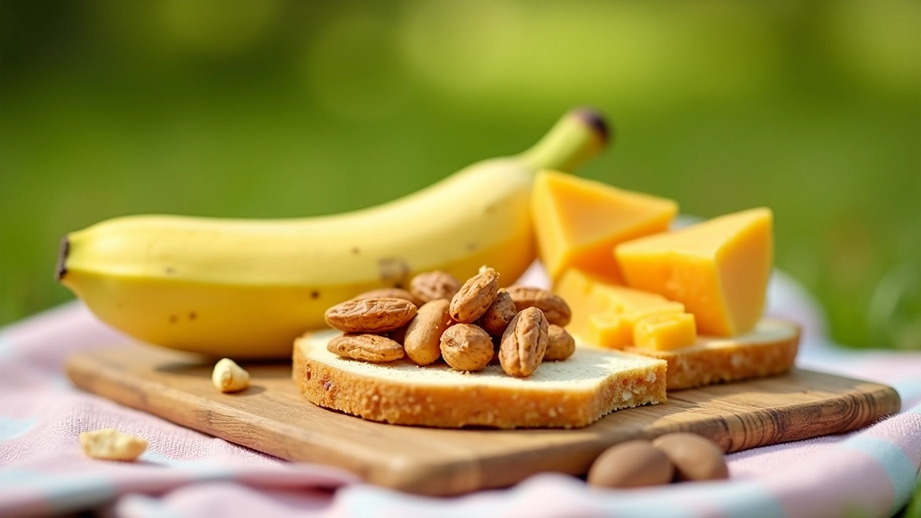 Selection of real food items: bananas, whole grain bread, cheese, nuts, and dried fruit arranged on hiking trail picnic cloth