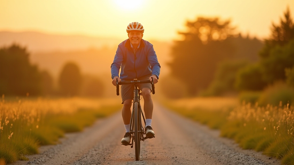 Experienced senior cyclist riding on gravel path with scenic landscape, demonstrating comfort and balance on the route