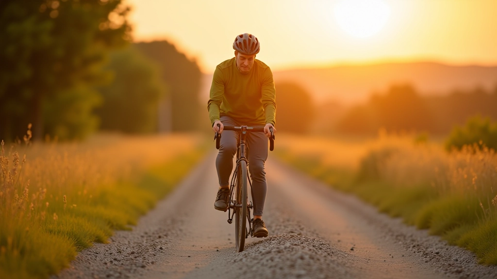 Cyclist with helmet and backpack preparing bicycle on gravel trail with scenic countryside background