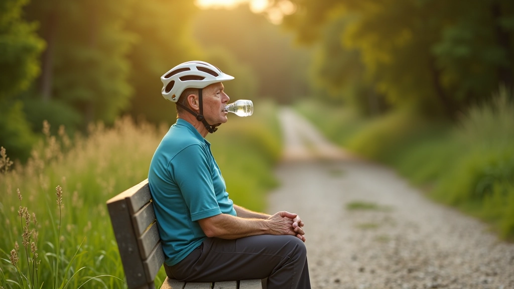 Outdoor cyclist drinking water from bottle while sitting on bench during trail break