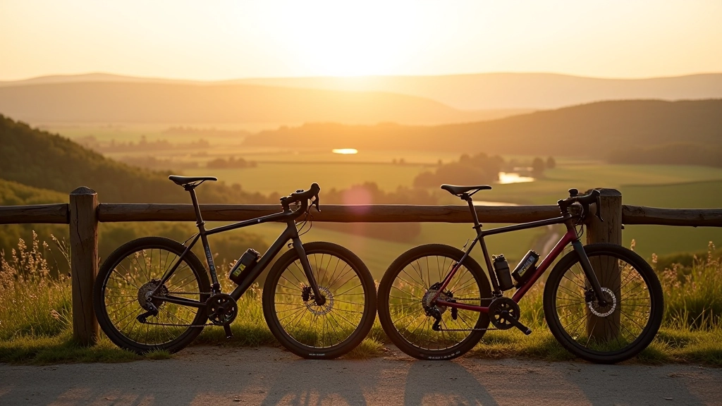 Bicycles parked at rest point overlooking rural valley