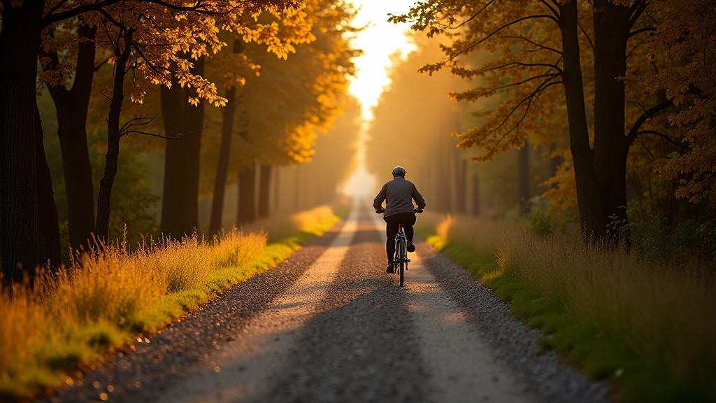 Gravel cycling path through forested abandoned railway corridor with autumn leaves